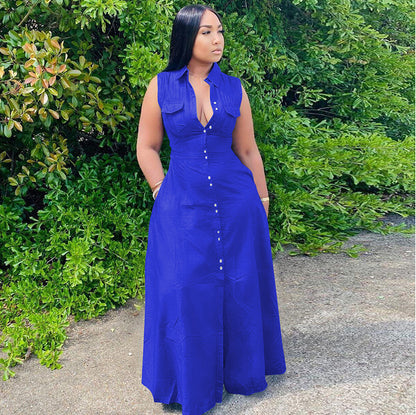 Women Fashion Casual Plus Size Solid Color Lapel Sleeveless Maxi Dress