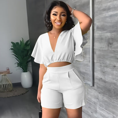 Conjunto de dos piezas de verano para mujer: top corto con cuello en V y pantalones cortos informales con volantes