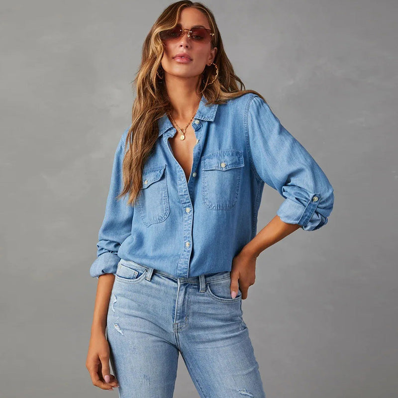 Camisa vaquera informal de manga larga con solapa y botonadura sencilla para mujer