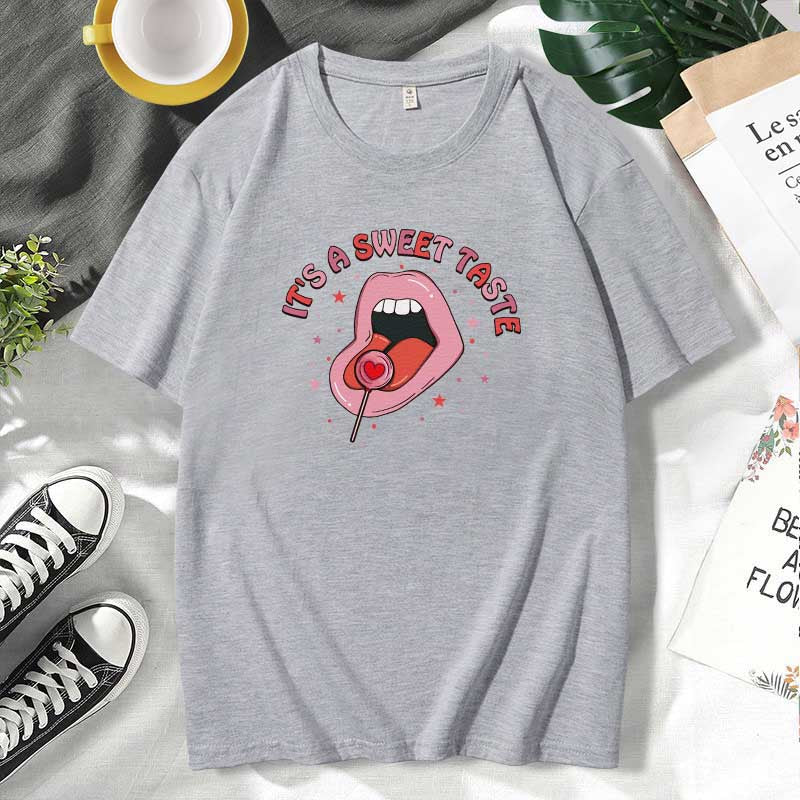Women Casual Lips Print Cotton Plus Size Short Sleeve T-Shirt