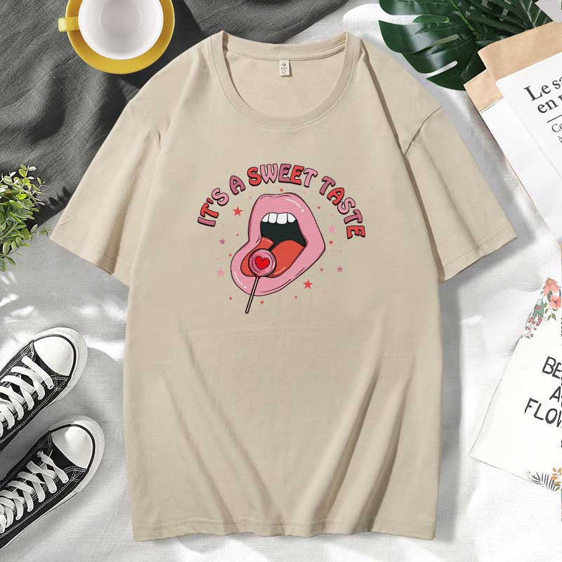 Women Casual Lips Print Cotton Plus Size Short Sleeve T-Shirt