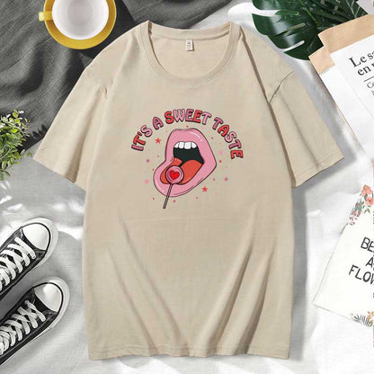 Women Casual Lips Print Cotton Plus Size Short Sleeve T-Shirt