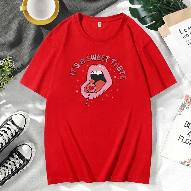 Women Casual Lips Print Cotton Plus Size Short Sleeve T-Shirt