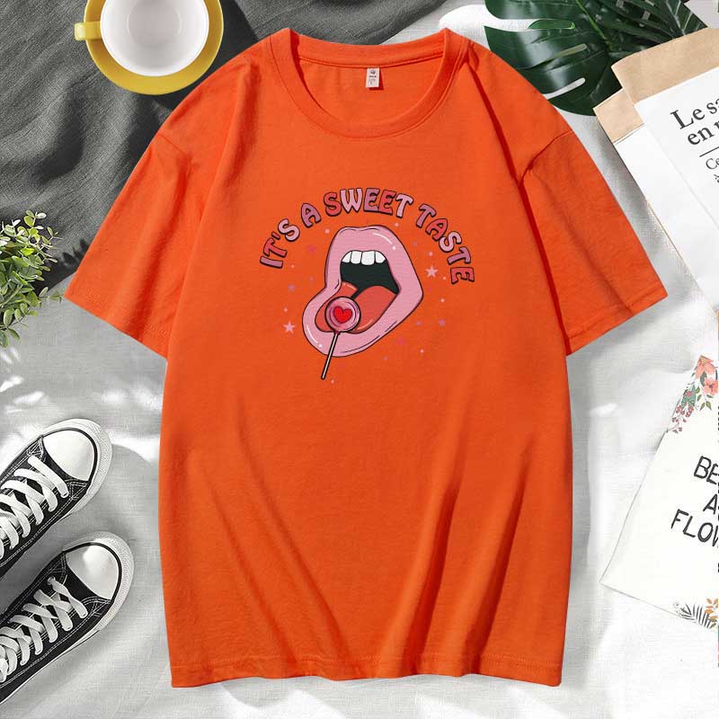 Women Casual Lips Print Cotton Plus Size Short Sleeve T-Shirt
