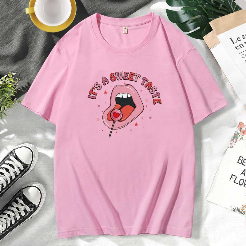 Women Casual Lips Print Cotton Plus Size Short Sleeve T-Shirt