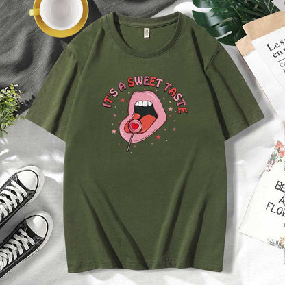 Women Casual Lips Print Cotton Plus Size Short Sleeve T-Shirt