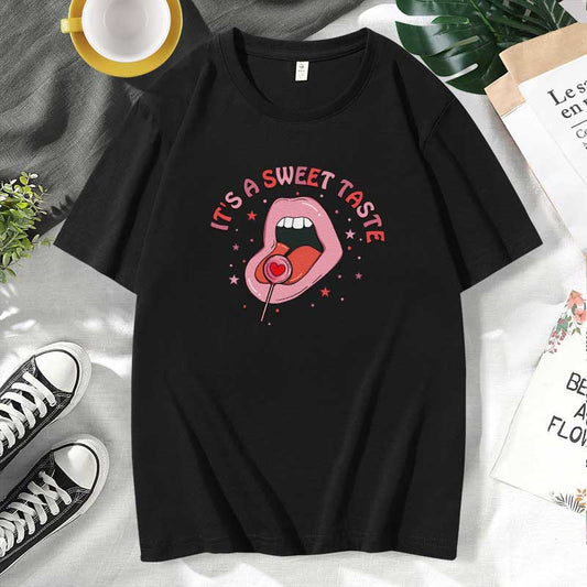 Camiseta informal de algodón con estampado de labios para mujer, talla grande, manga corta