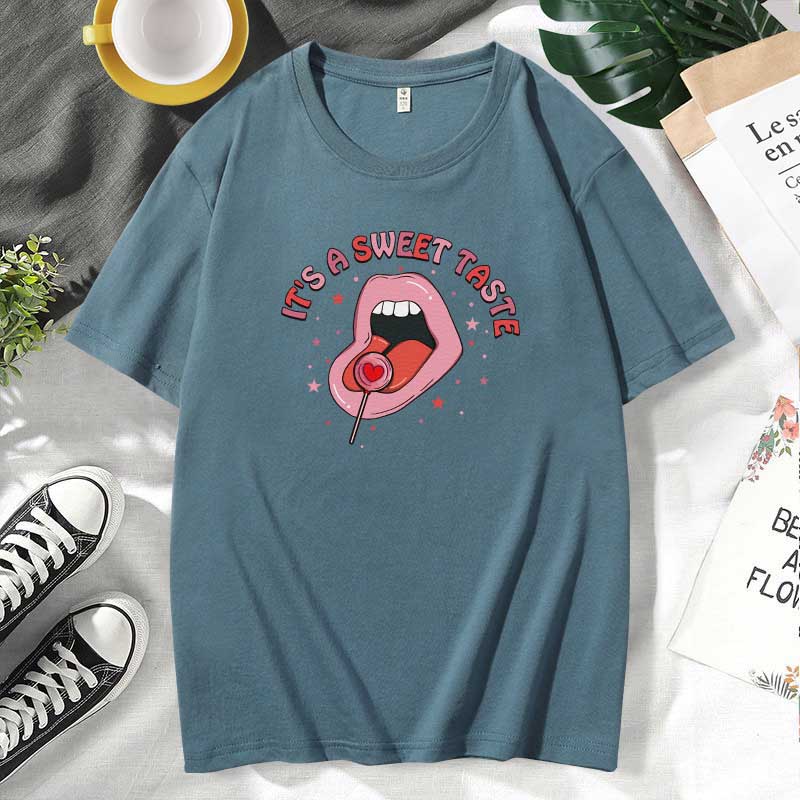 Women Casual Lips Print Cotton Plus Size Short Sleeve T-Shirt