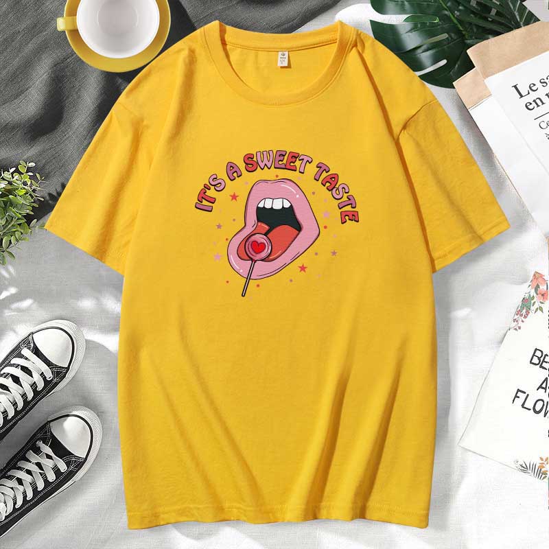 Women Casual Lips Print Cotton Plus Size Short Sleeve T-Shirt