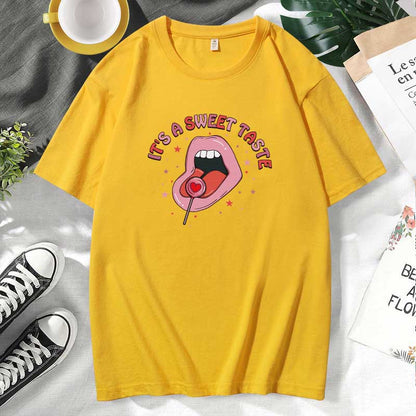 Women Casual Lips Print Cotton Plus Size Short Sleeve T-Shirt