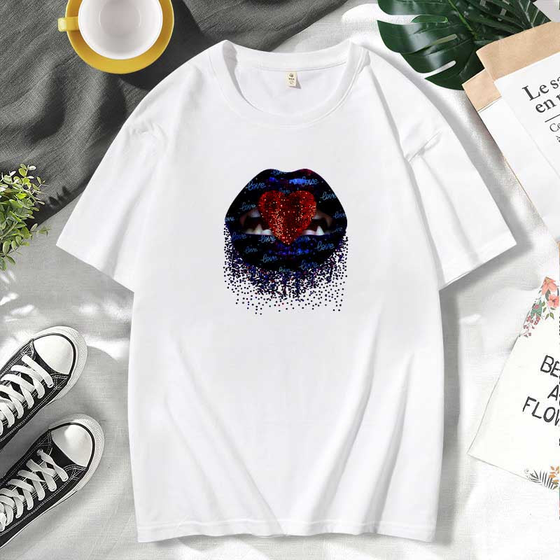 Women Casual Lips Print Cotton Plus Size Short Sleeve T-Shirt