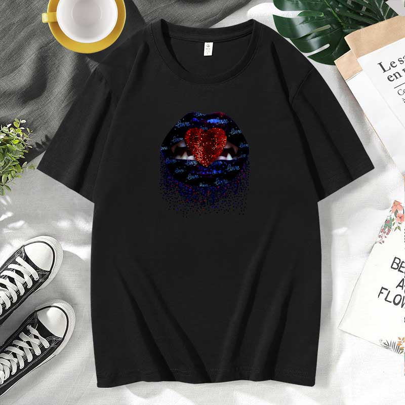 Women Casual Lips Print Cotton Plus Size Short Sleeve T-Shirt