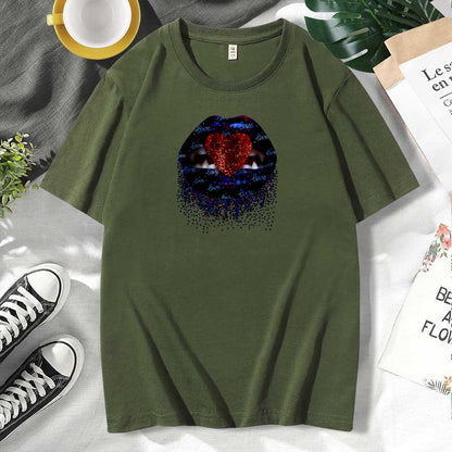 Women Casual Lips Print Cotton Plus Size Short Sleeve T-Shirt