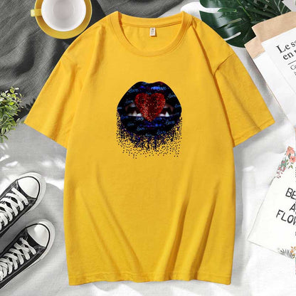 Women Casual Lips Print Cotton Plus Size Short Sleeve T-Shirt