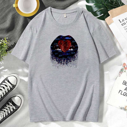 Women Casual Lips Print Cotton Plus Size Short Sleeve T-Shirt