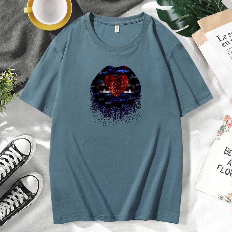 Women Casual Lips Print Cotton Plus Size Short Sleeve T-Shirt