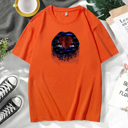 Women Casual Lips Print Cotton Plus Size Short Sleeve T-Shirt