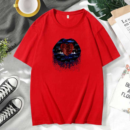 Women Casual Lips Print Cotton Plus Size Short Sleeve T-Shirt