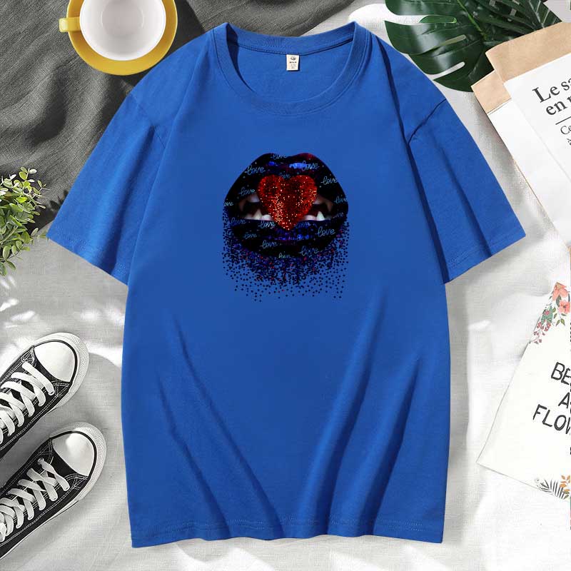 Women Casual Lips Print Cotton Plus Size Short Sleeve T-Shirt