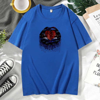 Women Casual Lips Print Cotton Plus Size Short Sleeve T-Shirt