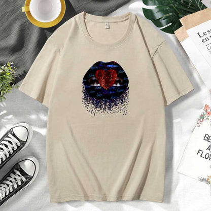 Women Casual Lips Print Cotton Plus Size Short Sleeve T-Shirt