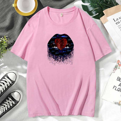 Women Casual Lips Print Cotton Plus Size Short Sleeve T-Shirt