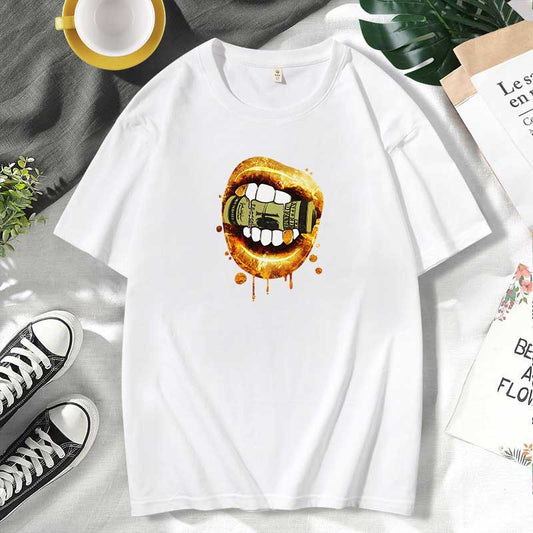 Camiseta informal de algodón con estampado de labios para mujer, talla grande, manga corta