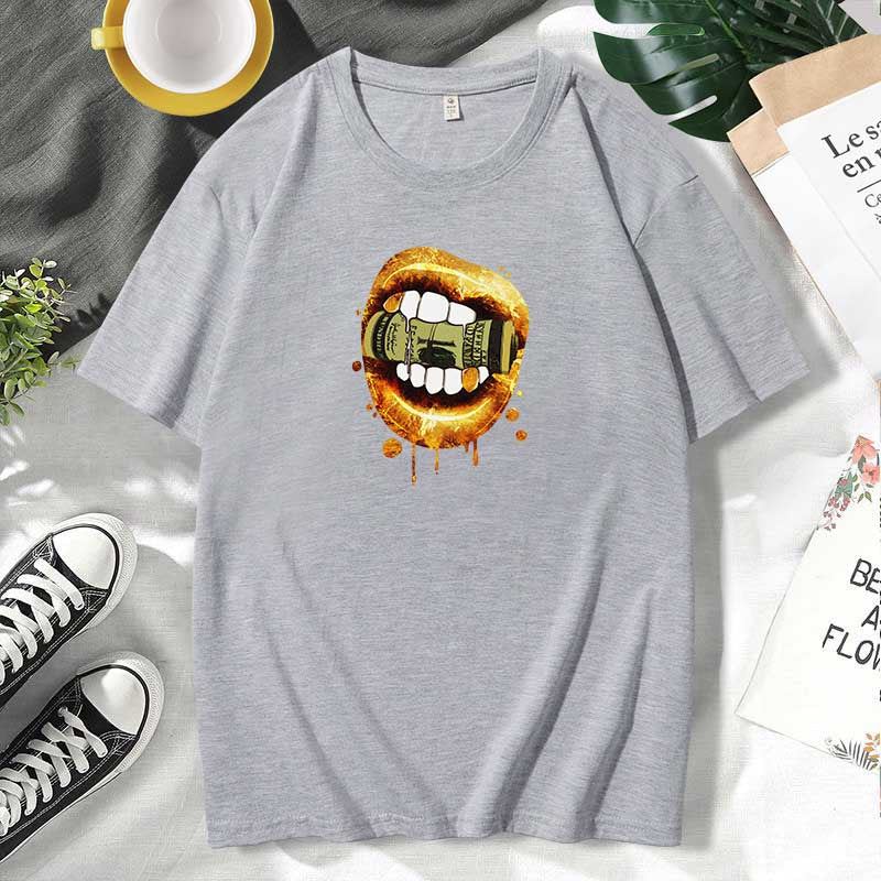 Camiseta informal de algodón con estampado de labios para mujer, talla grande, manga corta