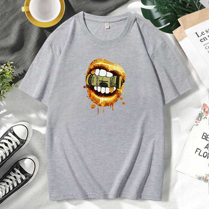 Camiseta informal de algodón con estampado de labios para mujer, talla grande, manga corta
