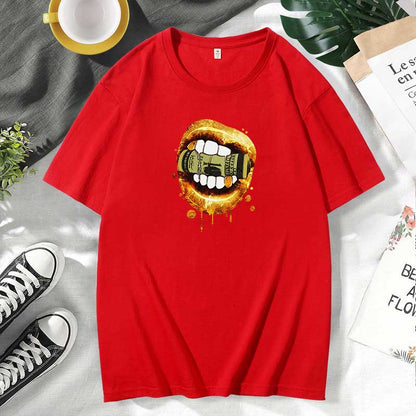 Camiseta informal de algodón con estampado de labios para mujer, talla grande, manga corta