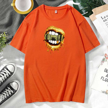 Camiseta informal de algodón con estampado de labios para mujer, talla grande, manga corta