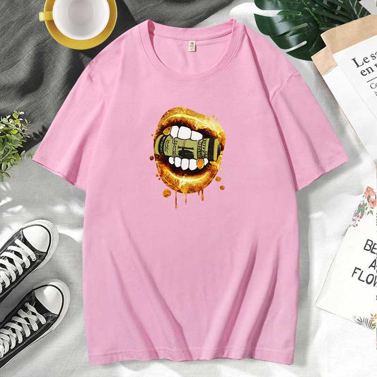 Camiseta informal de algodón con estampado de labios para mujer, talla grande, manga corta