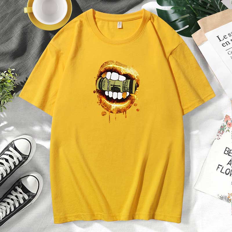 Camiseta informal de algodón con estampado de labios para mujer, talla grande, manga corta