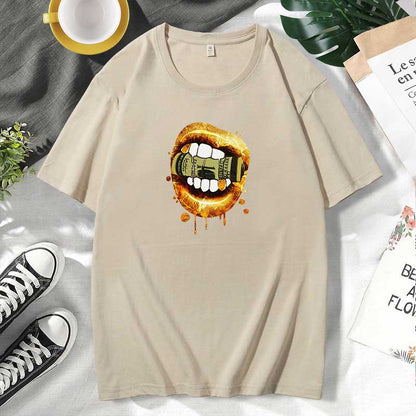Camiseta informal de algodón con estampado de labios para mujer, talla grande, manga corta