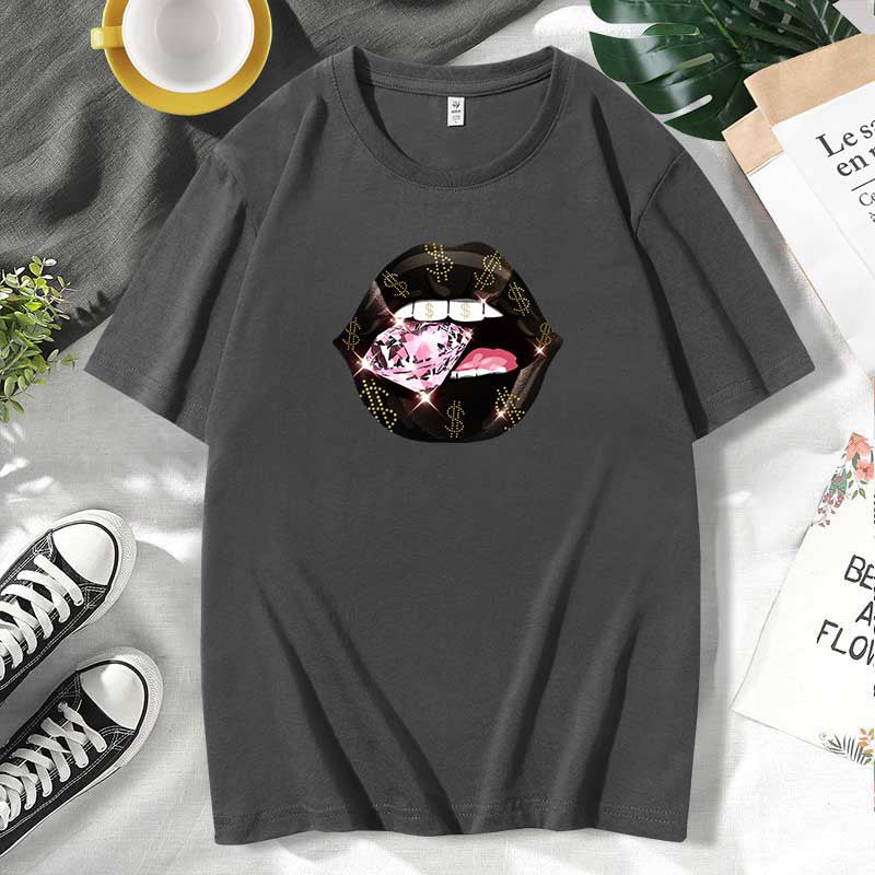 Camiseta informal de algodón con estampado de labios para mujer, talla grande, manga corta