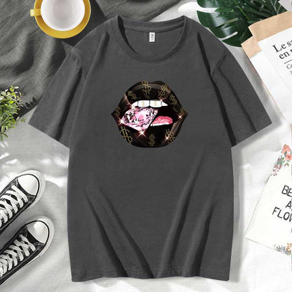 Camiseta informal de algodón con estampado de labios para mujer, talla grande, manga corta