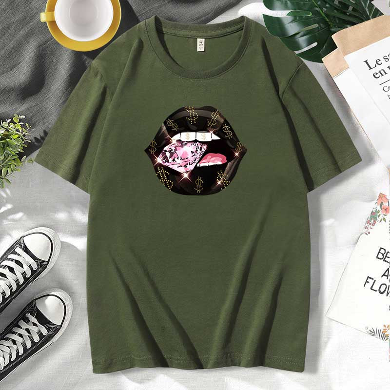 Camiseta informal de algodón con estampado de labios para mujer, talla grande, manga corta
