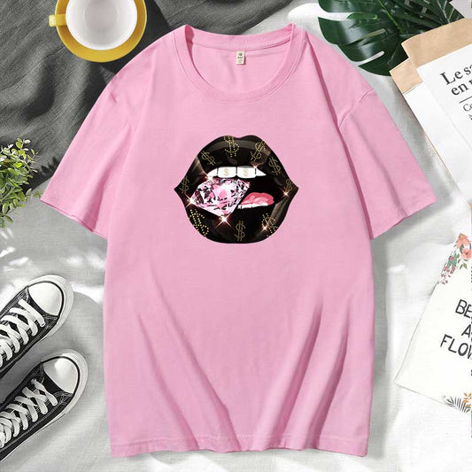 Camiseta informal de algodón con estampado de labios para mujer, talla grande, manga corta