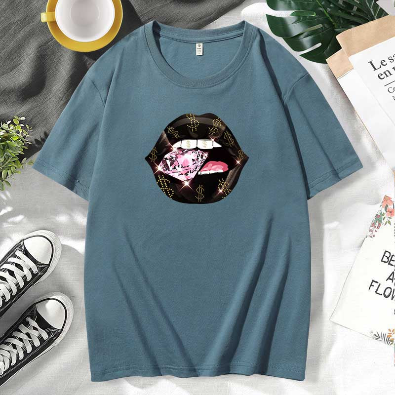 Camiseta informal de algodón con estampado de labios para mujer, talla grande, manga corta