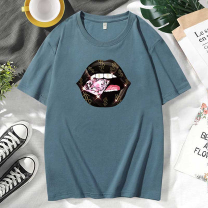 Camiseta informal de algodón con estampado de labios para mujer, talla grande, manga corta
