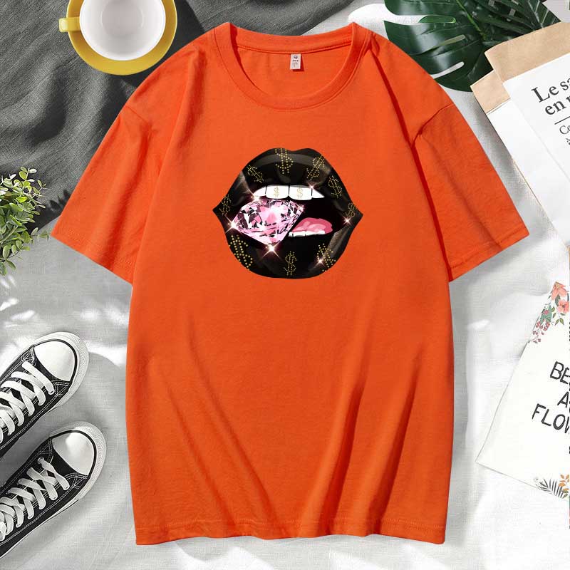 Camiseta informal de algodón con estampado de labios para mujer, talla grande, manga corta