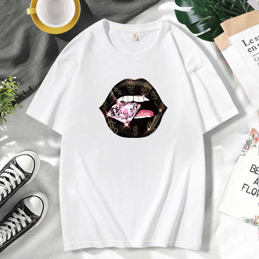 Camiseta informal de algodón con estampado de labios para mujer, talla grande, manga corta