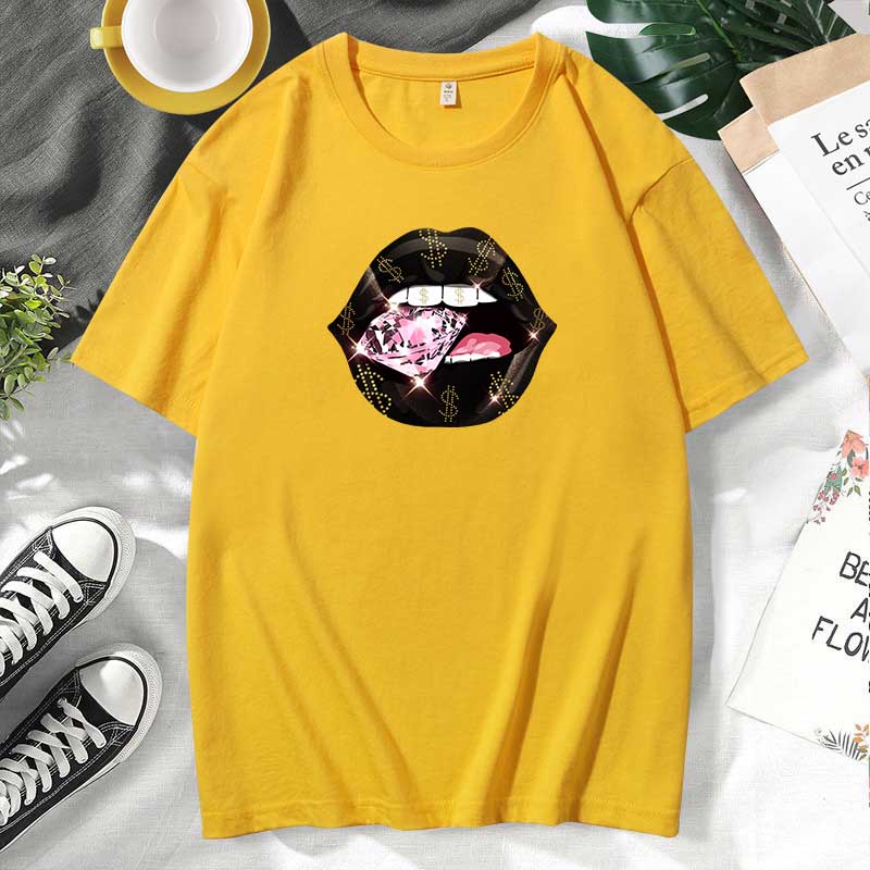 Camiseta informal de algodón con estampado de labios para mujer, talla grande, manga corta