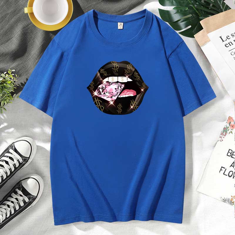Camiseta informal de algodón con estampado de labios para mujer, talla grande, manga corta