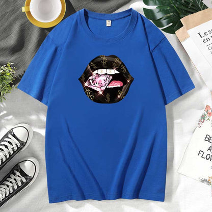 Camiseta informal de algodón con estampado de labios para mujer, talla grande, manga corta