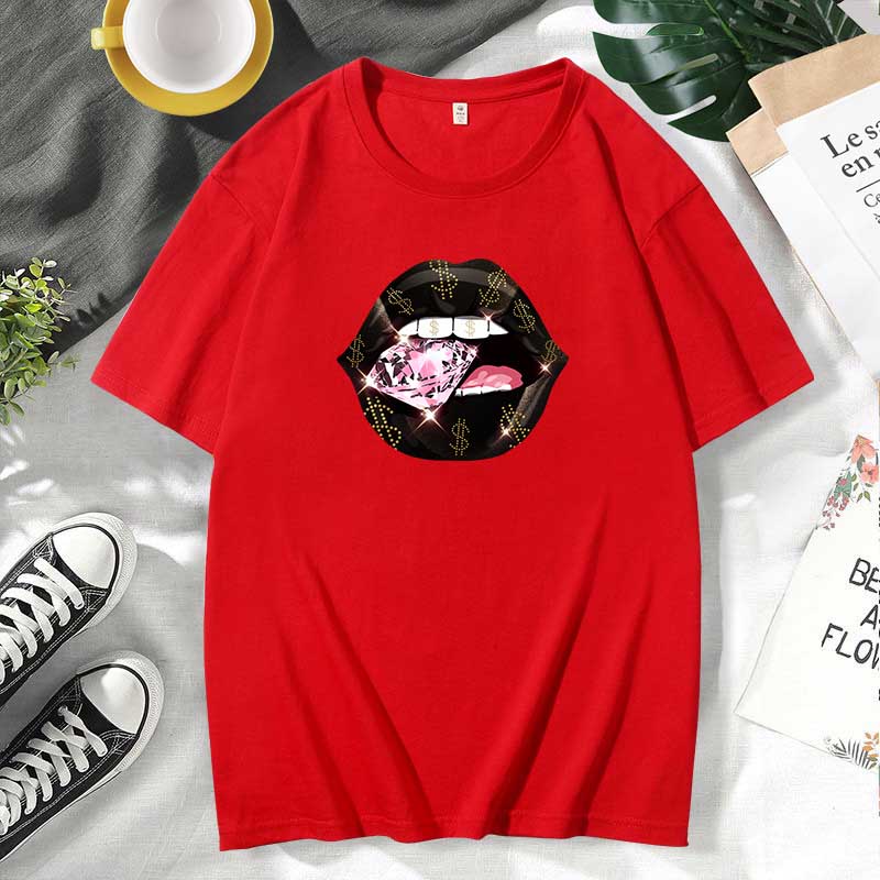 Camiseta informal de algodón con estampado de labios para mujer, talla grande, manga corta