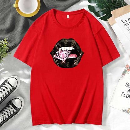 Camiseta informal de algodón con estampado de labios para mujer, talla grande, manga corta