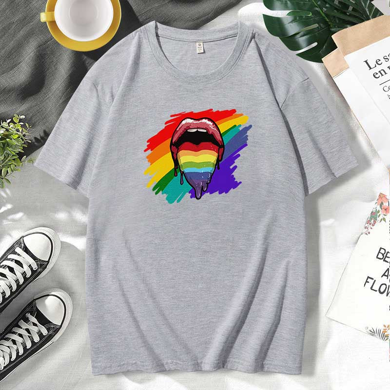 Women Casual Lips Print Cotton Plus Size Short Sleeve T-Shirt