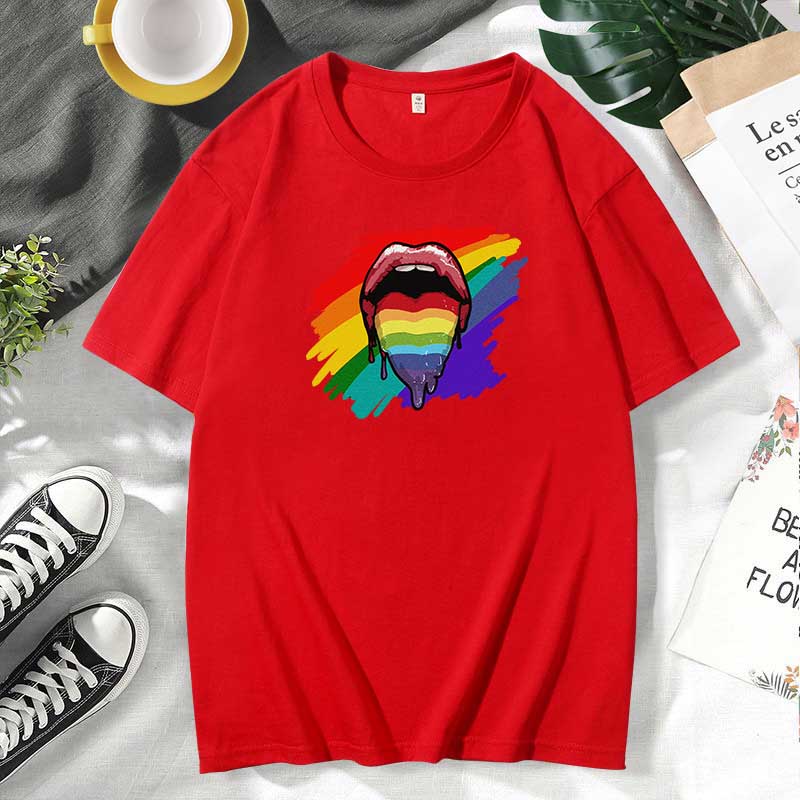 Women Casual Lips Print Cotton Plus Size Short Sleeve T-Shirt