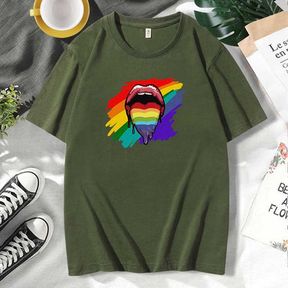 Women Casual Lips Print Cotton Plus Size Short Sleeve T-Shirt